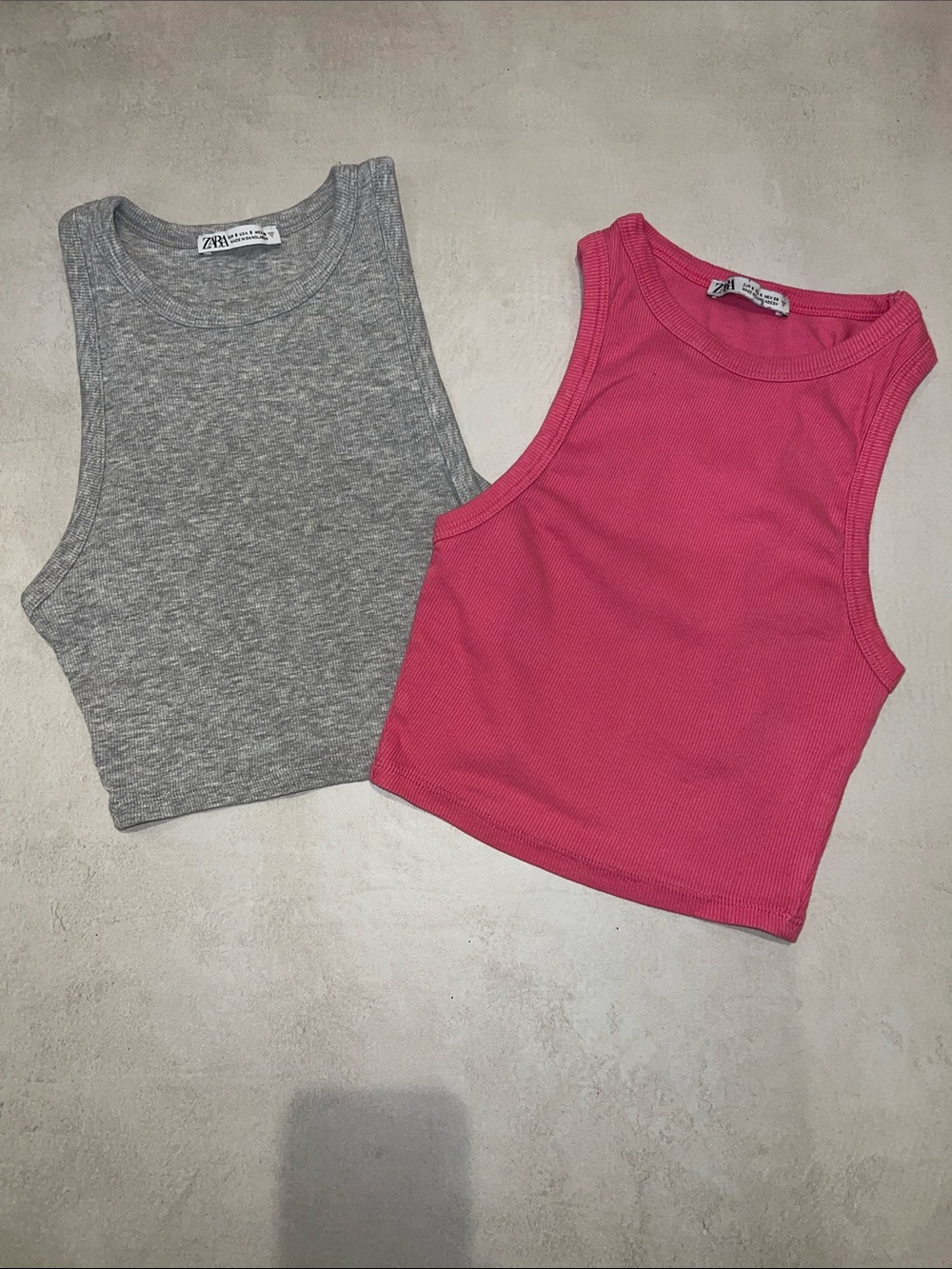 2 ZARA S Ribbed Cropped High Neck Tanks Heather Gray Hot Pink XS
